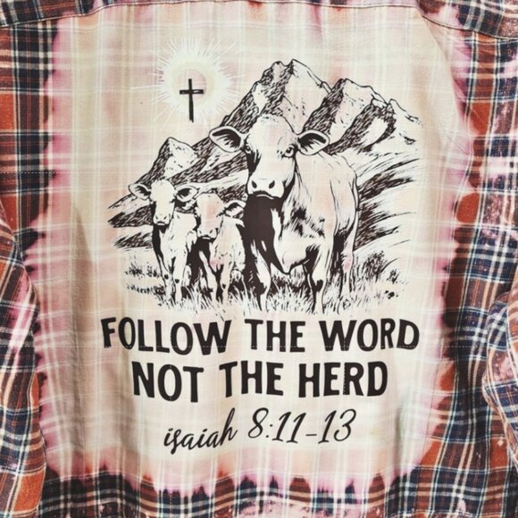 Follow The Word Not The Herd Custom Upcycled Christian Plaid Shirt, 1X - Picture 2 of 4